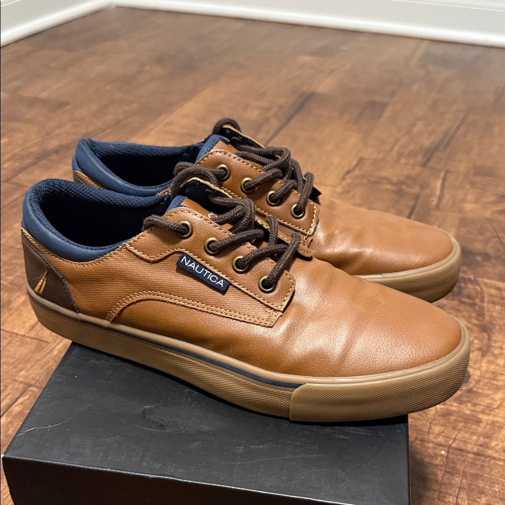 Nautica Men’s Tan Leather Boat Shoes with Navy Collar